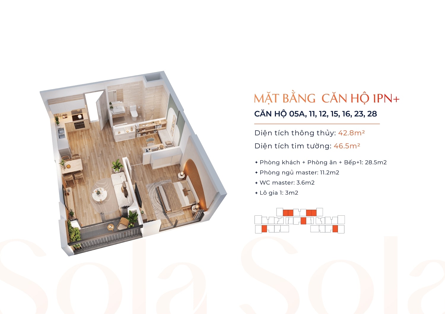 Căn hộ 1 phòng ngủ +1 42,8m2 The Lake Masterise Homes