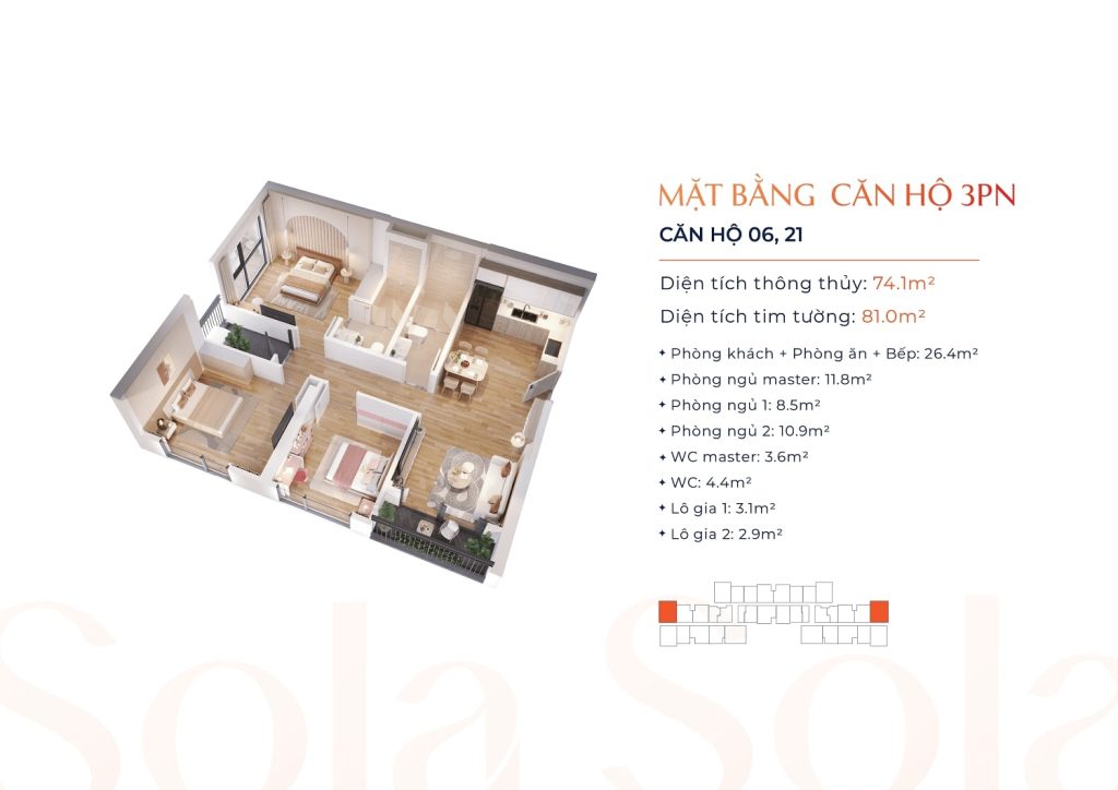 Căn hộ 3 phòng ngủ The Lake Masterise Homes