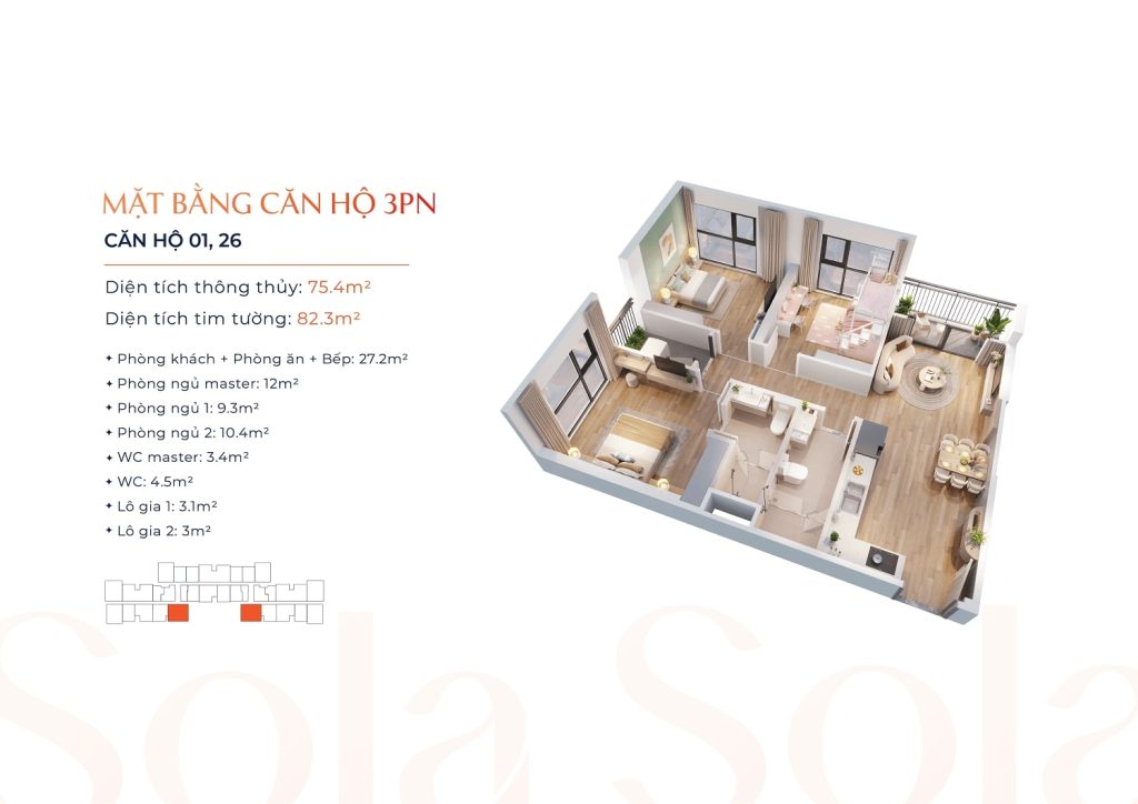 Căn hộ 3 phòng ngủ The Lake Masterise Homes